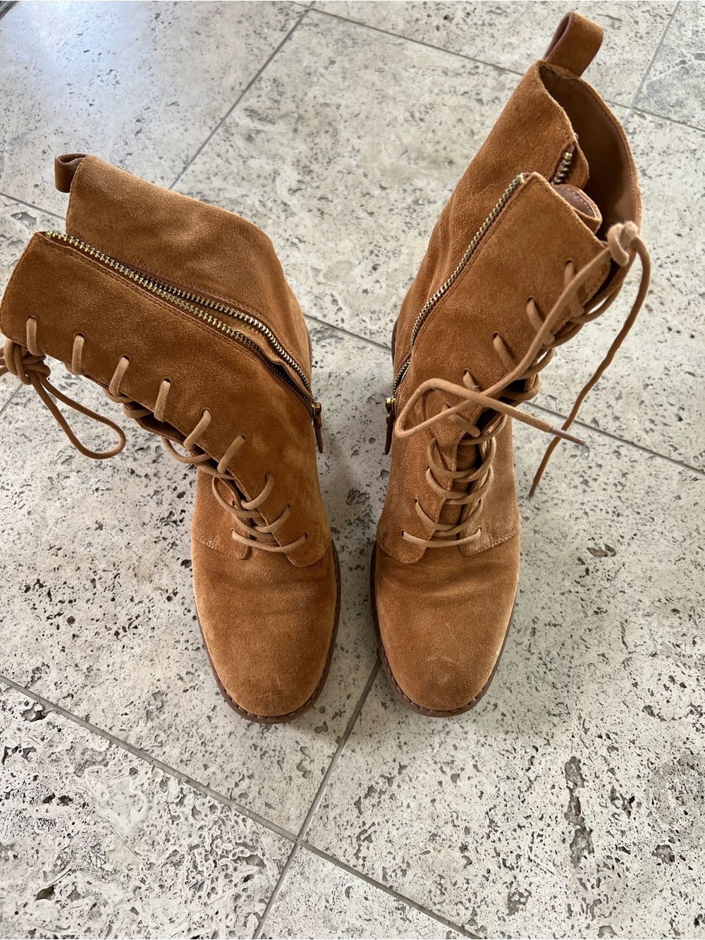 Vince Cognac Suede Lace-Up Ankle Boots with Side Zip
